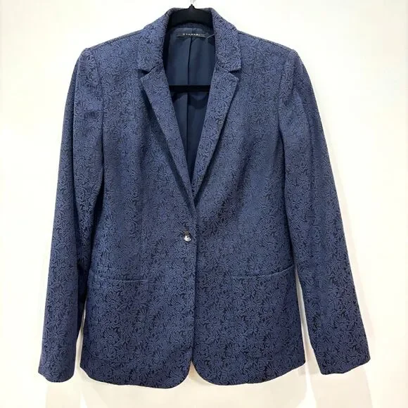 T Tahari Navy Blazer Womens 8 Tapestry Dark Floral Gothic Career Jacket 1 Button - Picture 2 of 12